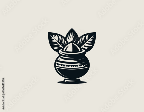 Black and gold vector illustration of a sacred Kalash pot with traditional Hindu motifs for religious ceremonies
