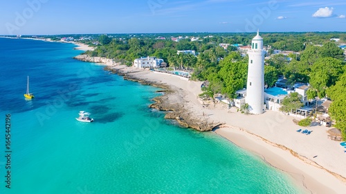 Aerial View Of Tropical Beach With Lighthouse