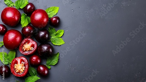 Assortment Of Red And Purple Berries And Sliced Tomatoes On Dark Surface With Green Leaves