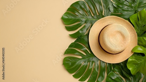 Beige Background With Straw Hat And Tropical Leaves
