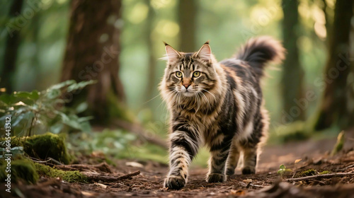 Fluffy Tabby Cat Walking in Forest