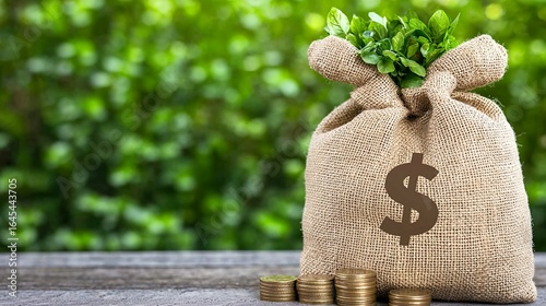 Burlap Money Bag with Coins and Green Bokeh Background