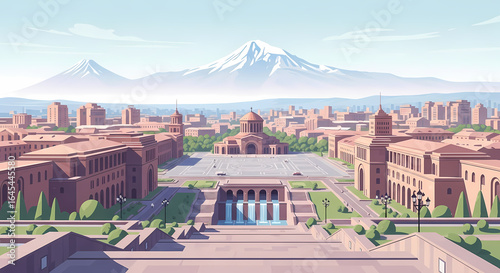 Stylized Yerevan Skyline with Cascade Complex in Pastel Flat Vector Illustration Landmark in Pastel Flat Vector Illustration