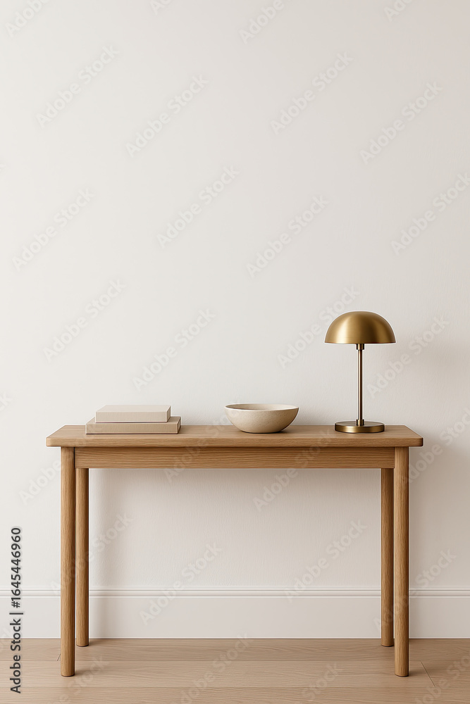 Naklejka premium Wooden console table with books and brass lamp in modern minimalist interior