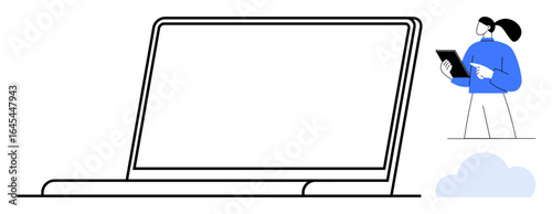 Minimalist design of a laptop outline, a standing woman holding a tablet, and a cloud. Ideal for technology, remote work, online learning, innovation, cloud computing, presentations and a simple