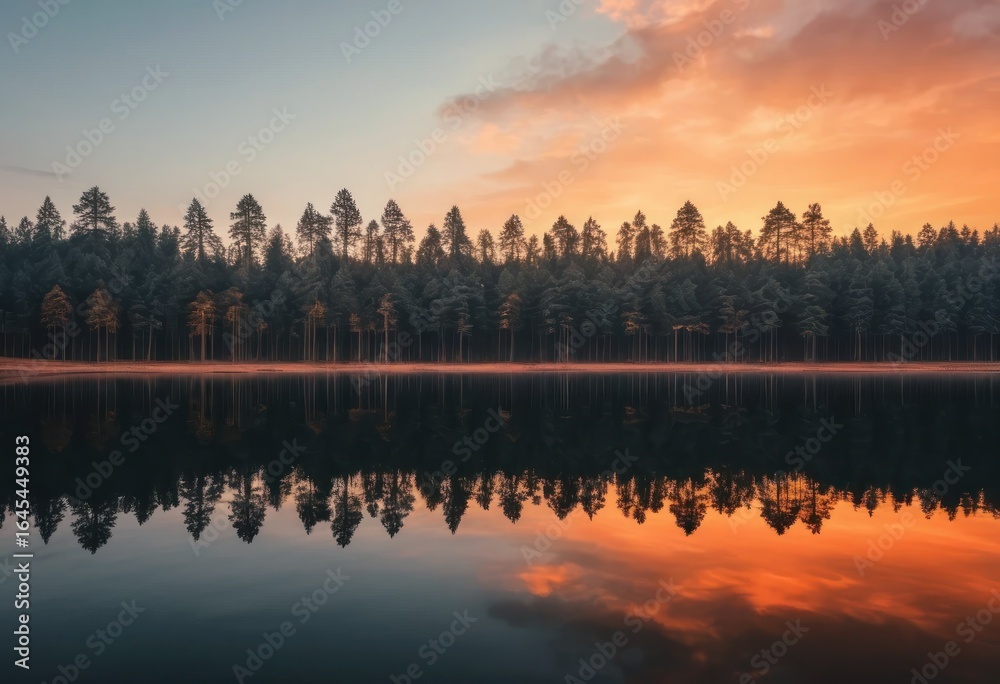 Naklejka premium Breathtaking dawn over a remote wilderness lake with a perfectly mirrored pine forest and orange sky.
