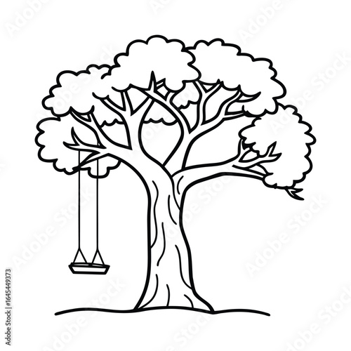 A classic black and white drawing of a large tree with a swing hanging from its branches