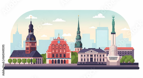 Stylized Riga Skyline with House of the Blackheads in Pastel Flat Vector Illustration Landmark in Pastel Flat Vector Illustration