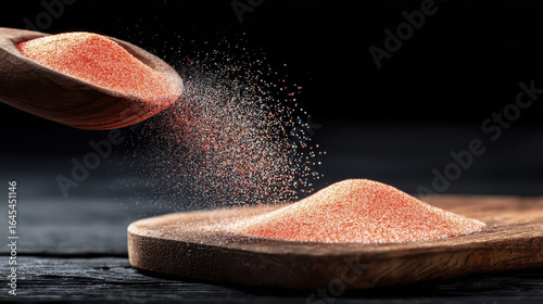 Wooden spoon adding final seasonings of pink salt to wooden board creating dramatic effect