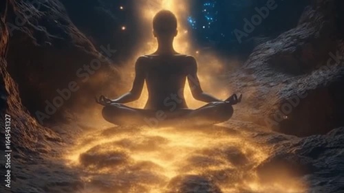 Person meditating with glowing aura in dark cave environment  