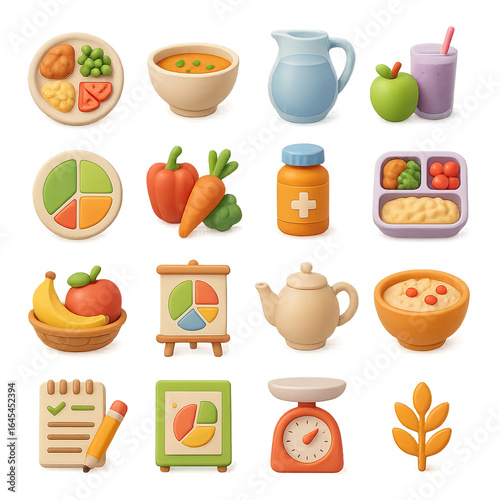 3d healthy food icons set featuring meals, beverages, and nutrition symbols