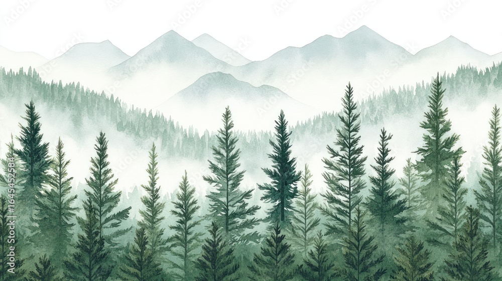 Fototapeta premium Misty mountain range with dense evergreen forest