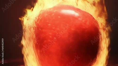 Red apple surrounded by flames in dramatic lighting  