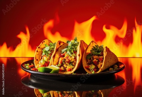 Close-Up of Spicy Mexican Beef Tacos with Fiery Background