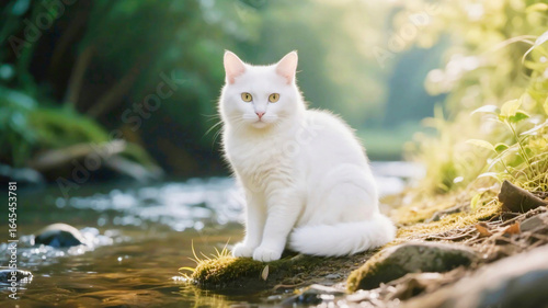 White Cat on River Bank