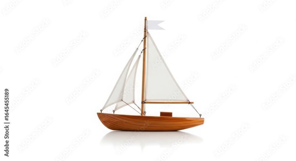 Fototapeta premium Wooden toy sailboat with white sail and flag isolated on white background