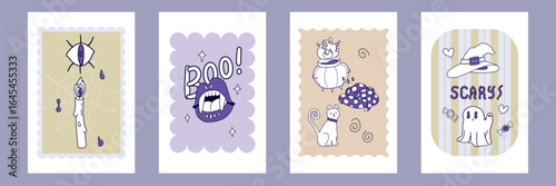 Cute Halloween ghosts, vampires, snakes and decorations illustration set. Spooky modern vector objects and doodles. Trendy flat art vector poster set