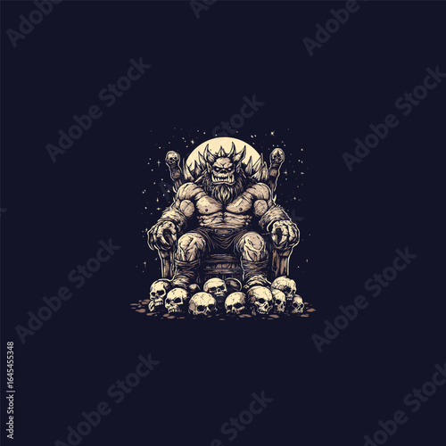 mighty ogre sits proudly on a throne, surrounded by skulls scattered on the floor engraving vector illustration