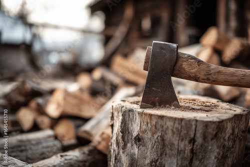 Wallpaper Mural Axe embedded in wooden stump with logs scattered in rural setting during daylight hours Generative AI Torontodigital.ca