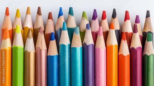 Colorful assortment of sharpened pencils arranged neatly on a white background Generative AI