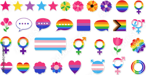 Create a Happy Pride LGBTQ element set. LGBTQ community symbols with star, speech bubbles, flower, heart. Elements illustrated for pride month, bisexual, transgender, gender equality, sticker, rights 
