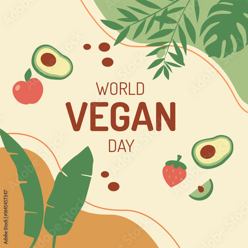 Colorful World Vegan Day illustration with avocado, strawberry, apple, coffee beans and tropical leaves on abstract background. Healthy lifestyle vector concept.