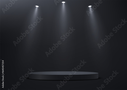 Black background vector 3d with podium. Empty room with light effect space for selling products on the website. Vector illustration.