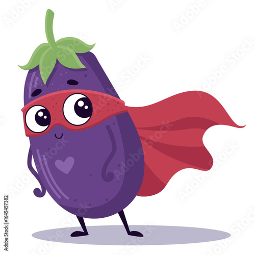 Cute Eggplant as a Super Hero Cartoon Character with Cape Illustration