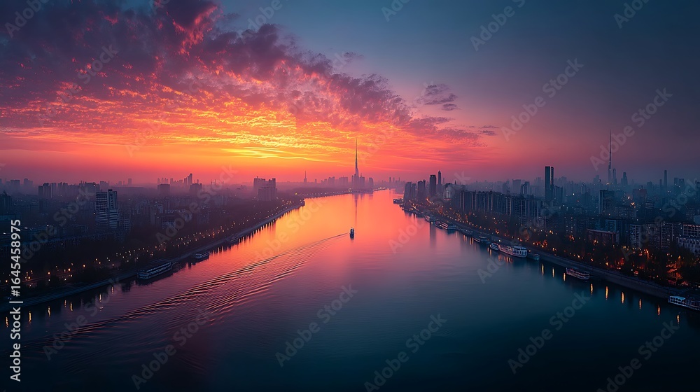 Fototapeta premium Modern city skyline glowing in golden hour light, riverfront reflecting sunset colors, expansive gradient evening sky providing clean background space for text or creative graphic elements