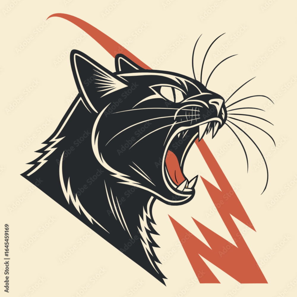 Obraz premium Angry black cat roaring with lightning bolt vector illustration pet animal feline tattoo design graphic art