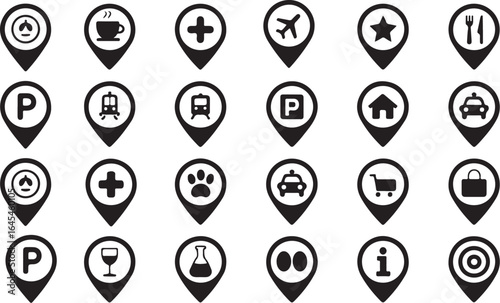 Collection of black and white location pin icons with various symbols