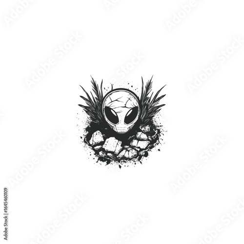 A powerful and surreal engraved logo of an alien with large eyes, emerging from cracked earth vector template