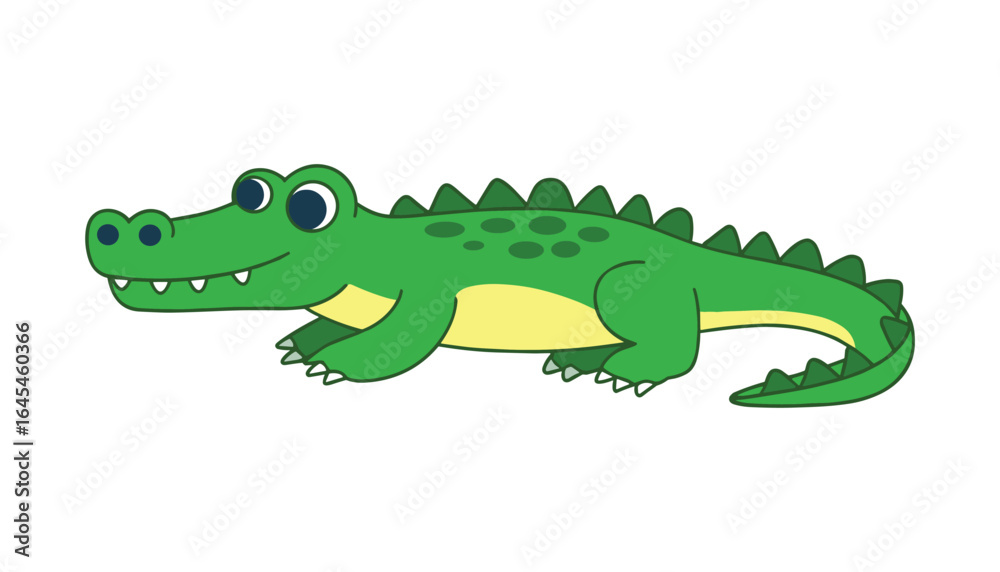 Fototapeta premium Cute Cartoon Crocodile Illustration in Green and Yellow Colors, Smiling Wild Reptile Character, Perfect for Kids, Education, Jungle Theme, and Animal Designs.