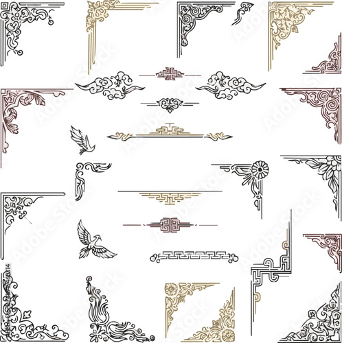 Create a kinds of deferent frame, flower, floral, design, border, vector, pattern, leaf,  vector art with white background.