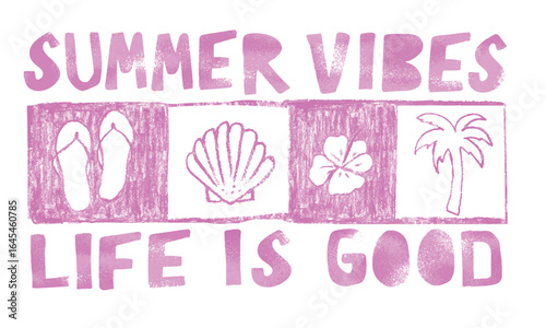 Beach paradise. enjoy summer. Summer good vibes vector graphic design for apparel, stickers, posters, background and others. Palm tree, seashell, sandal, and hibiscus artwork.