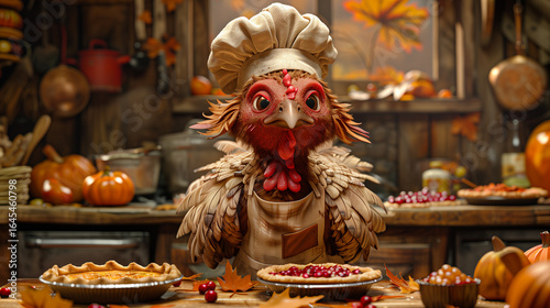 Whimsical Turkey Chef in Cozy Kitchen with Pies
