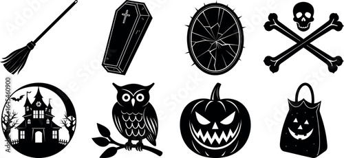 set of halloween element silhouette collection. Black and white vector. pmpkin, ghost, cat, horror house, witch, owl, raven bird, spider, witch hat