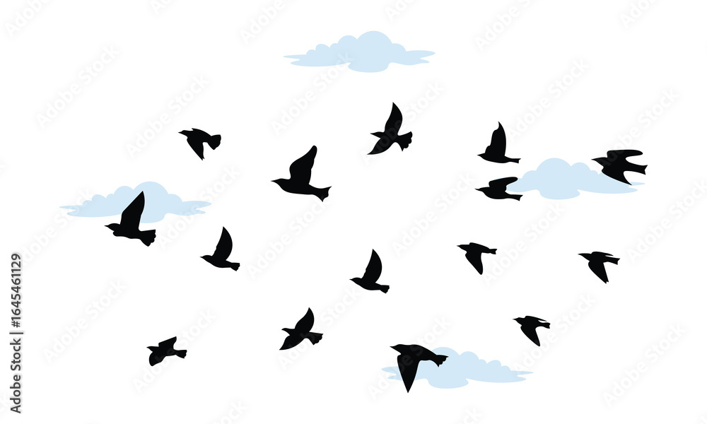 Fototapeta premium Silhouette of birds in flight flock against sky with clouds, freedom and movement vector illustration.