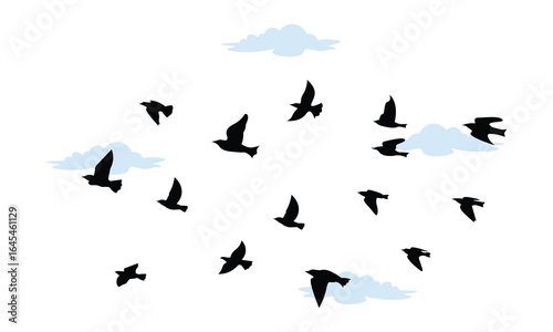 Silhouette of birds in flight flock against sky with clouds, freedom and movement vector illustration.