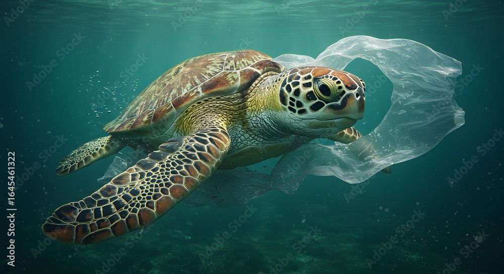 Fototapeta premium A green sea turtle entangled in plastic pollution, a powerful visual of the environmental crisis affecting marine wildlife and our oceans.