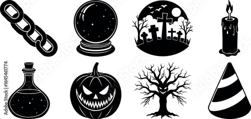set of halloween element silhouette collection. Black and white vector. pmpkin, ghost, cat, horror house, witch, owl, raven bird, spider, witch hat