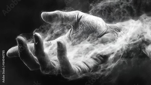A captivating hand emerges from an ethereal mist, seeming to beckon the observer into a realm of limitless possibilities. The atmosphere is charged with mystery and wonder.