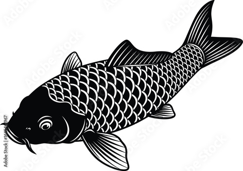 A striking and stylized black and white vector illustration of a detailed koi or carp fish, a traditional art design perfect for a brand logo, fishing club, or tattoo art.