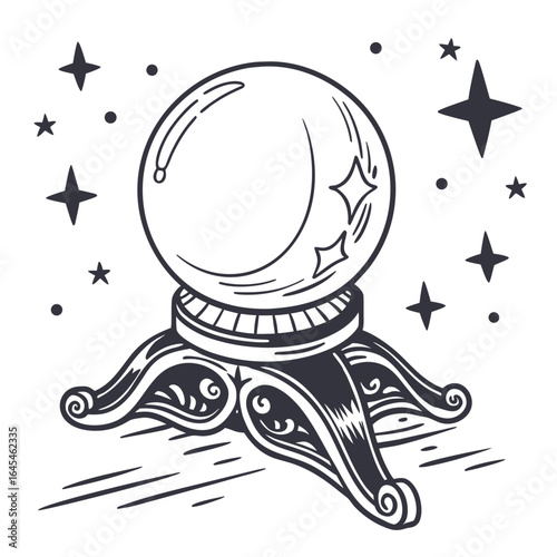 A crystal ball on an ornate stand with stars isolated on white background
