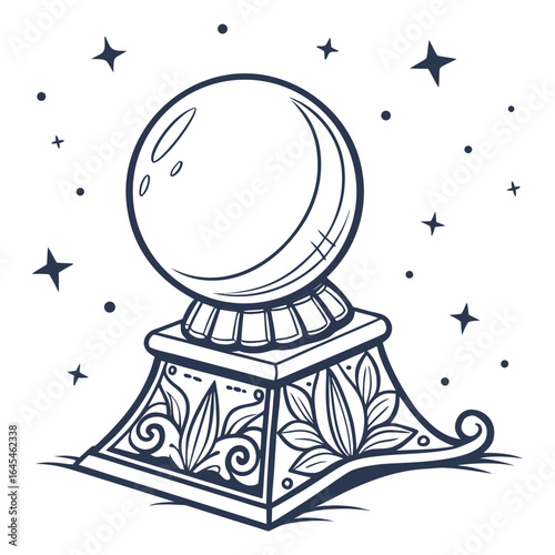 A crystal ball on a pedestal with stars isolated on white background