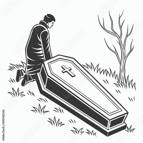 A man kneeling in grief before a coffin isolated on white background