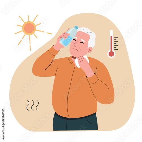 Elderly man with a bottle of water wipes sweat with a handkerchief under the scorching sun Hot summer weather. Vector cartoon flat style illustration