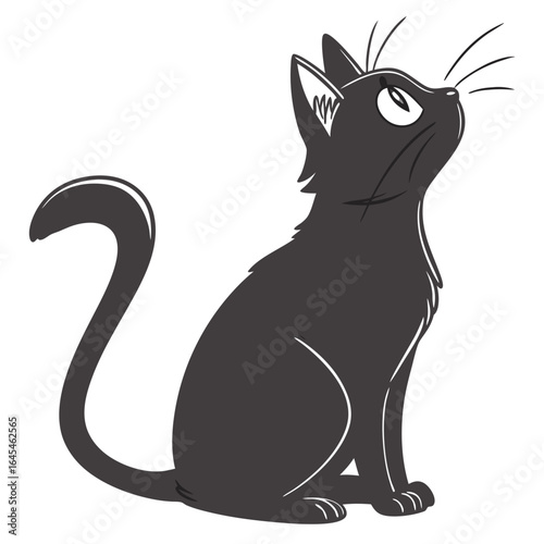 Cartoon black cat sitting and looking up isolated on white background