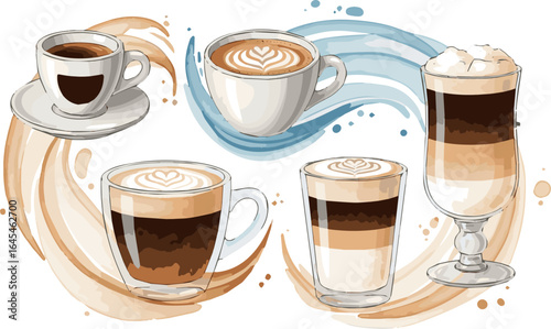 Create a Hot and cold coffee beverage with watercolor decoration. Espresso, americano cup, cappuccino and latte in glasses. blended coffee for logo, ads, promotion, marketing,  vector art .