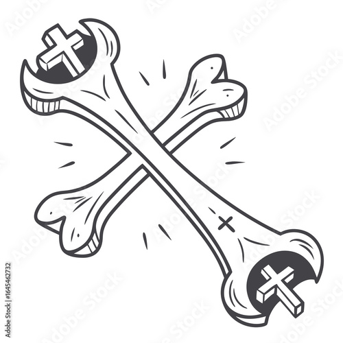 Crossbones with crosses isolated on white background, a symbol of faith and death